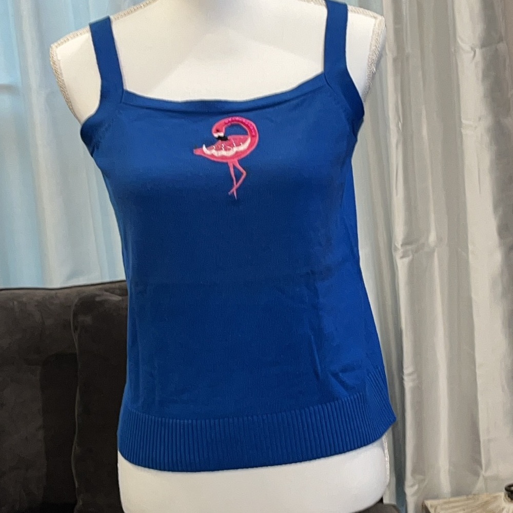 Ladies Jack B Quick Summer Top. Size Med. Royal Blue with a Pink Flamingo